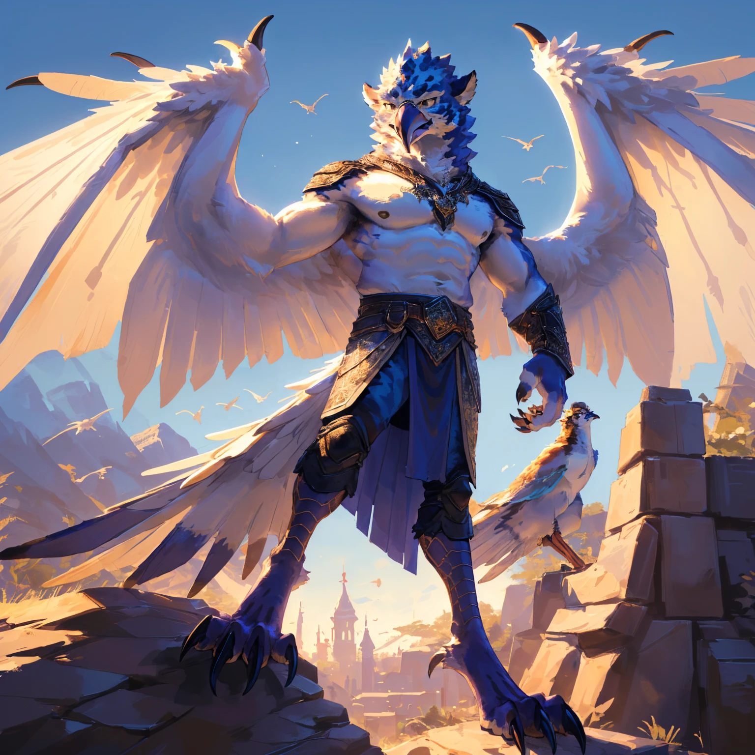 ((middle Ages:1.3))，【High altitude flying background:1.6】，(Royal Family:1.2)，sunny，high resolution，4K，【whole body:1.1，Strike a pose:1.5】，masterpiece，high quality，((Griffin))，male，Furry，(teenager:1.3)，hairy，((Fierce and vicious:1.4))，(((Lean:1.2，Big Wings:1.3，Bird claws子:1.3)))，(((White upper body:1.4)))，(((White Wings:1.3)))，(((pupil:1.2)))，(((Bird claws:1.3)))，(((Long legs:1.3)))，((No shirt，No underwear))，Exquisite eyes，Detailed body，Detailed claws，Detailed feet，Kenket&#39;s Art