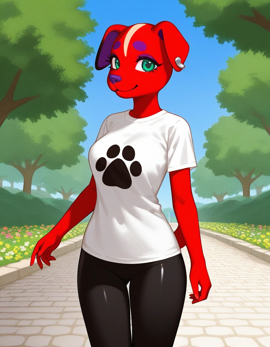 zPDXL,cherry (animal crossing), purple nose, red fur, teal eyes, furry female, dog girl, ear piercing, webbed shirt, black leggings, looking at viewer, smiling, upper body shot, standing, outside, stone path, trees, flowers, blue sky,