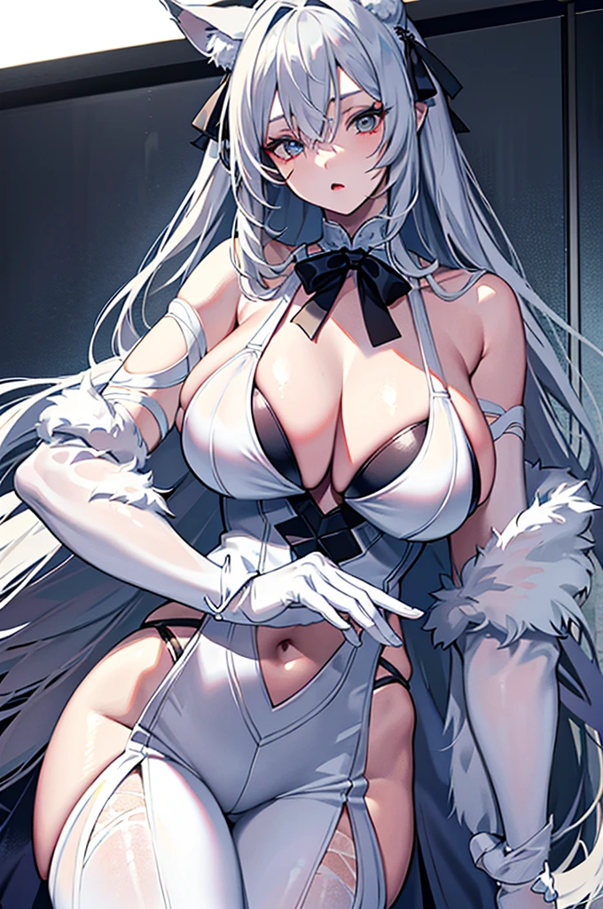 best qualtiy，tmasterpiece，The is very detailed，4K，Gray hair and shallow eyes，Drag cool expressions，Wolf ears，Erect scar on the left eye，British style，1girl，Absolutely beautiful, huge breasts, white costume, ear ribbon