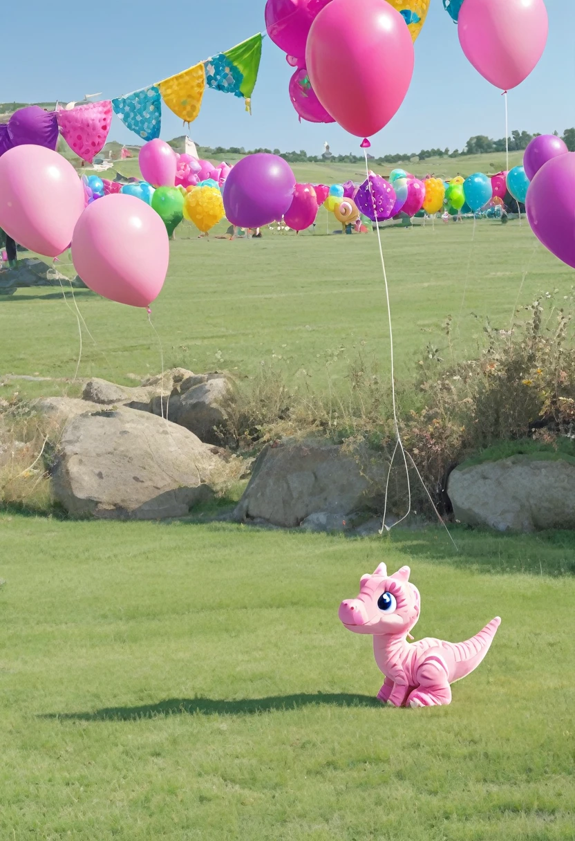 Cute pink dinosaur balloon，Background grassland
