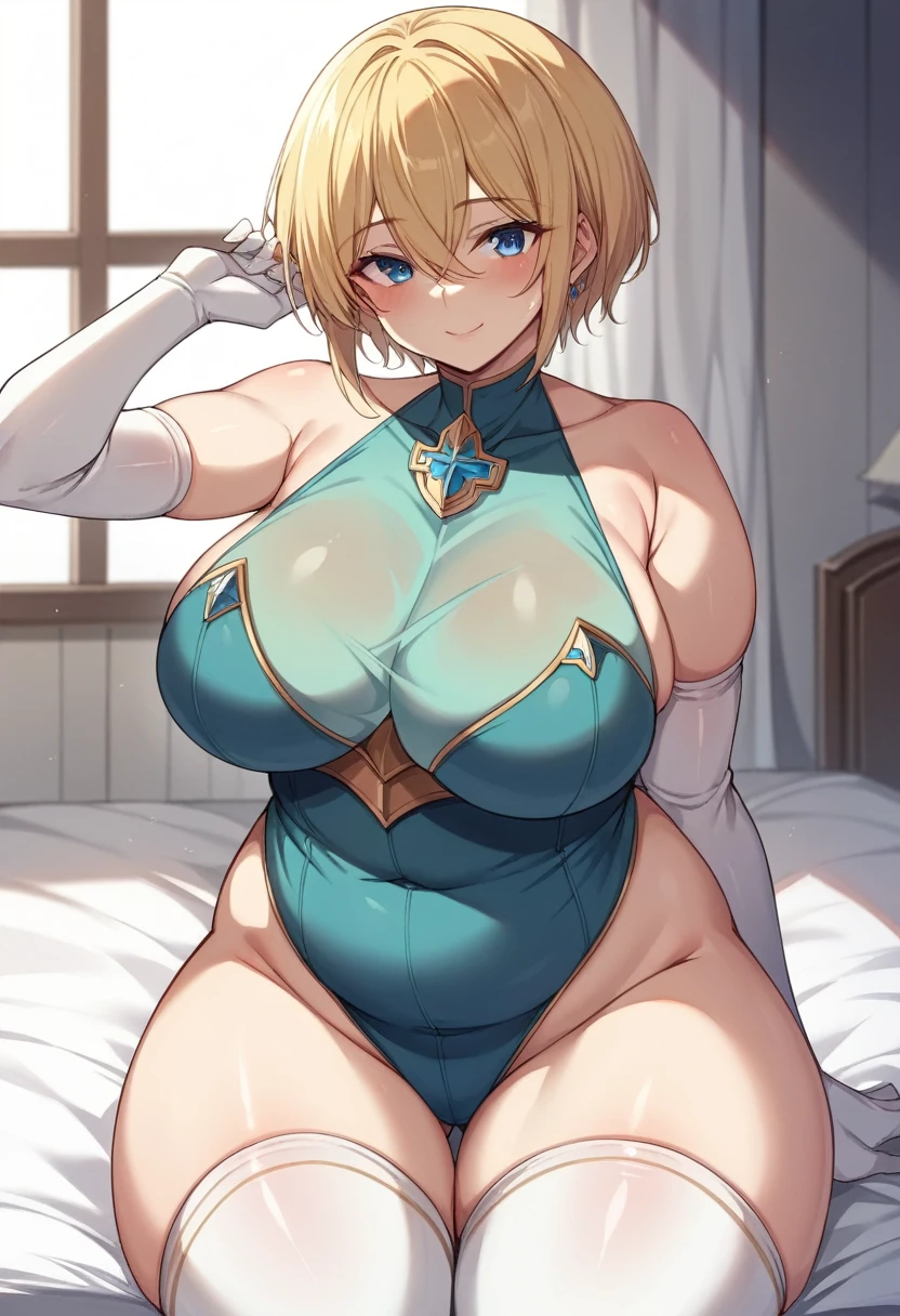 (One girl)、((short hair))、((Blonde))、(Sato Air)、((boyish))、((Big super breasts))、(Chubby)、beautiful girl、((Big thighs))、Blue Eyes、Navy blue leotard、No sleeve、Princess Knight、((hairs between eyes))、((thigh-high socks thighhighs))、(long gloves)、smile、((see-through))