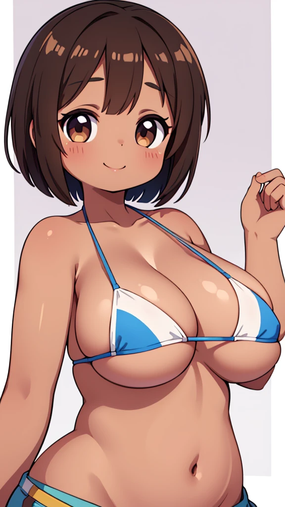 Beautiful young girl , Beautiful round breasts,Bust up front,Beautiful upturned breasts,G-Cup, Narrow waist,Brown skin,Short Bob,Baby Face, bikini top,(((Enlarged view of the upper body))),View from the front, Cleavage is clearly visible,Keep your head upright and smile,ID photo