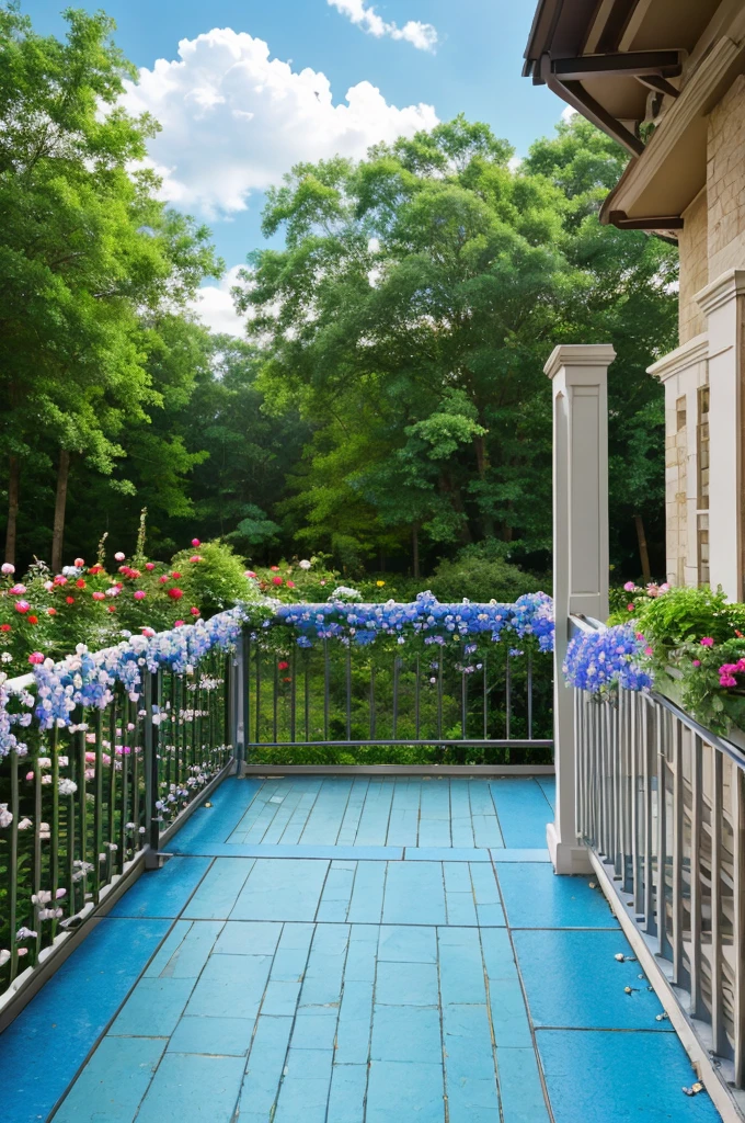 ( floor) (flowers railing ) ( bokeh blur ) Digital Background sky blue