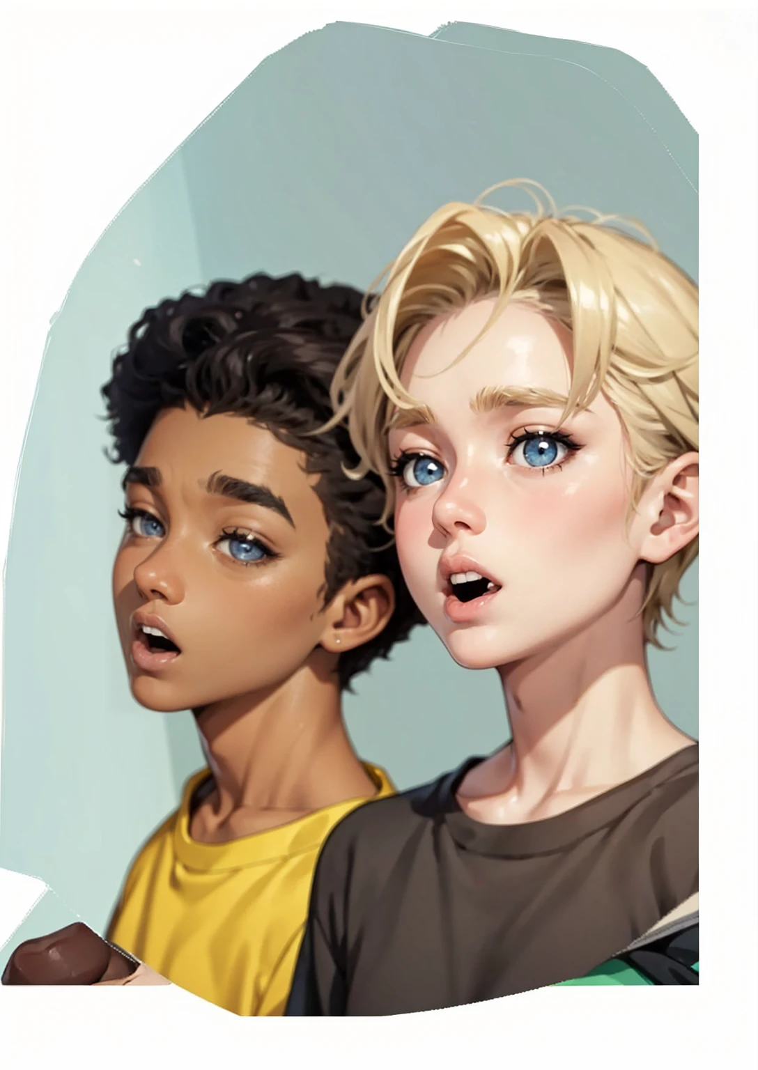 image of the faces of two teenagers, a 15-year-old black man and a 15-year-old blonde, an expression of temptation with their mouths open 