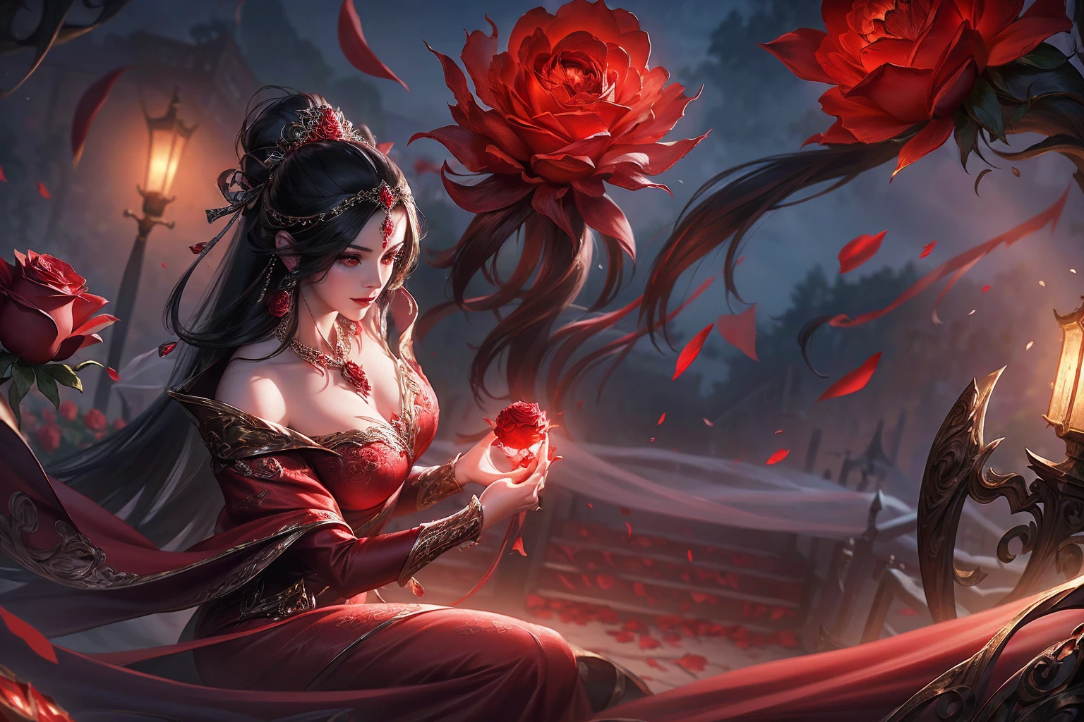 a beautiful and mysterious gypsy woman with long flowing black hair, wearing a vibrant red dress, holding a floating crystal ball, surrounded by red roses, dramatic lighting, cinematic composition, highly detailed, photorealistic, 8k, (best quality, 4k, 8k, highres, masterpiece:1.2), ultra-detailed, (realistic, photorealistic, photo-realistic:1.37), dramatic lighting, chiaroscuro, moody, alluring, seductive, captivating gaze, intricate patterns on dress, glowing crystal ball, lush red roses, cinematic angle, dramatic shadows, rich color palette
