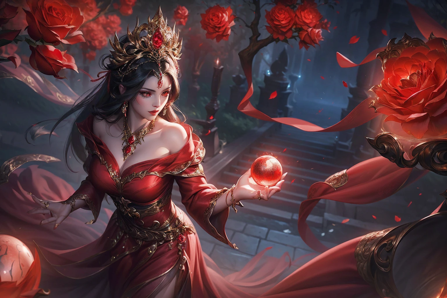 a beautiful and mysterious gypsy woman with long flowing black hair, wearing a vibrant red dress, holding a floating crystal ball, surrounded by red roses, dramatic lighting, cinematic composition, highly detailed, photorealistic, 8k, (best quality, 4k, 8k, highres, masterpiece:1.2), ultra-detailed, (realistic, photorealistic, photo-realistic:1.37), dramatic lighting, chiaroscuro, moody, alluring, seductive, captivating gaze, intricate patterns on dress, glowing crystal ball, lush red roses, cinematic angle, dramatic shadows, rich color palette
