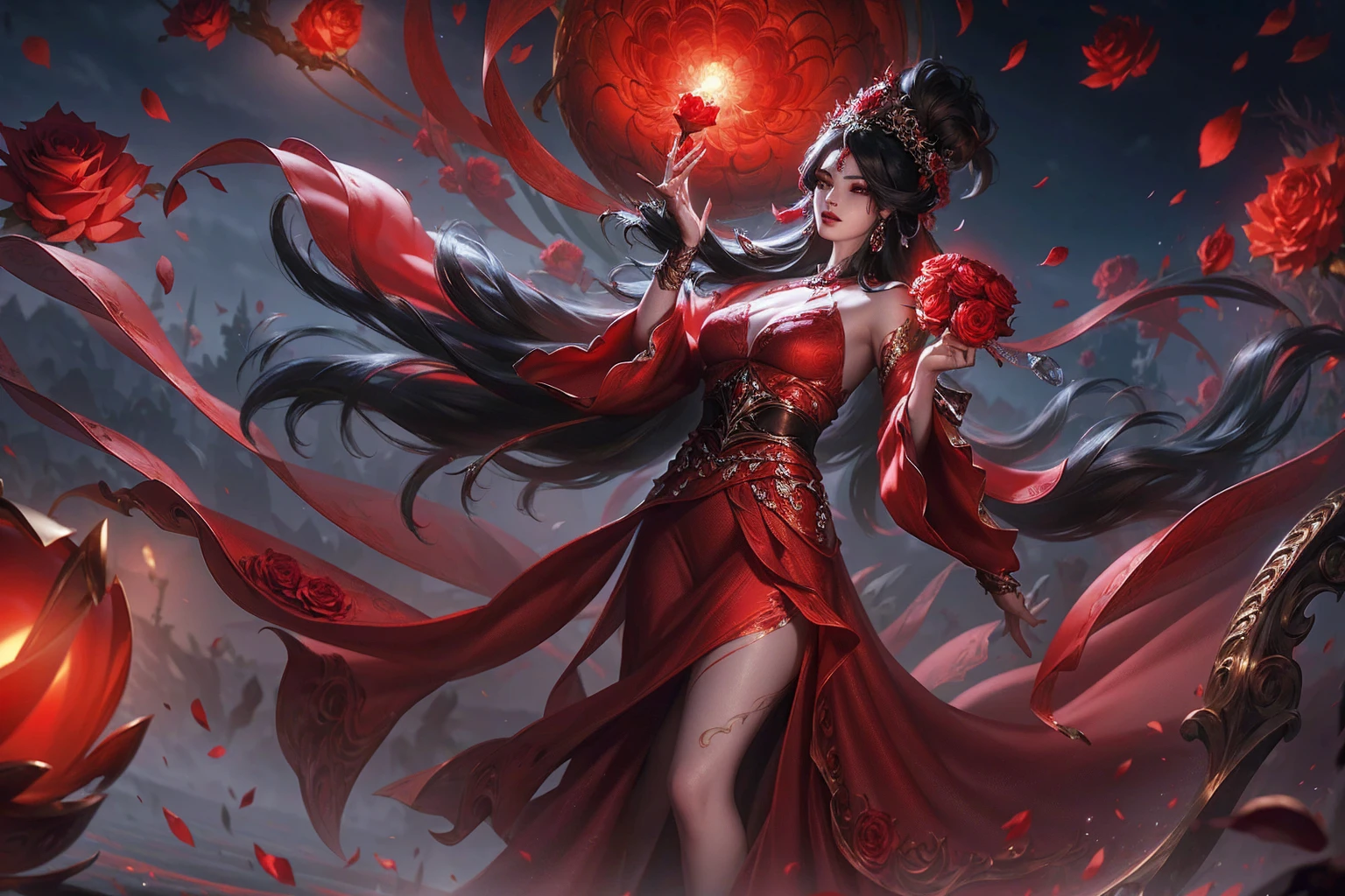 a beautiful and mysterious gypsy woman with long flowing black hair, wearing a vibrant red dress, holding a floating crystal ball, surrounded by red roses, dramatic lighting, cinematic composition, highly detailed, photorealistic, 8k, (best quality, 4k, 8k, highres, masterpiece:1.2), ultra-detailed, (realistic, photorealistic, photo-realistic:1.37), dramatic lighting, chiaroscuro, moody, alluring, seductive, captivating gaze, intricate patterns on dress, glowing crystal ball, lush red roses, cinematic angle, dramatic shadows, rich color palette
