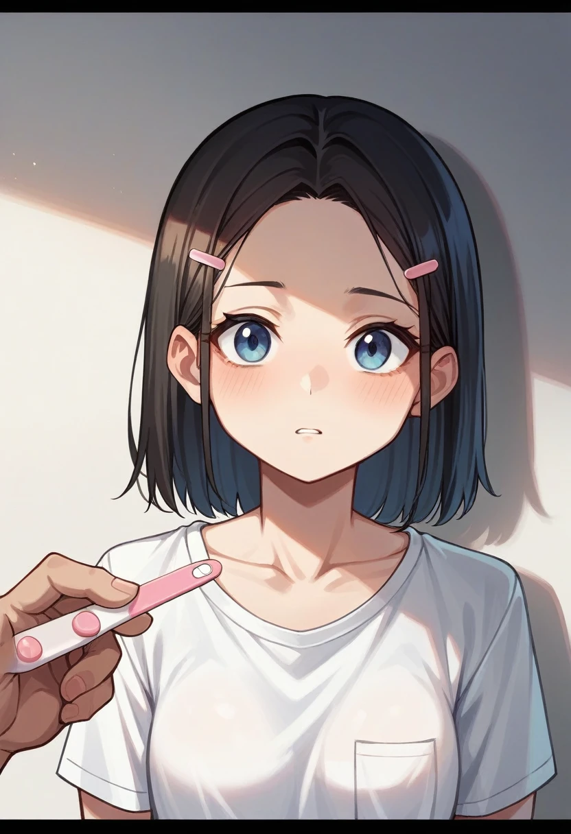 A faceless Korean girl is holding a positive pregnancy test towards the camera. The pregnancy test, with two clear lines indicating a positive result, is the focal point of the image. The girl is wearing a moderately low-cut shirt, showing a bit of her collarbone and upper chest. Her hands are framing the pregnancy test, directing all attention towards the result. The background is simple and without distractions, ensuring the focus remains on the pregnancy test and the visible part of the girl.