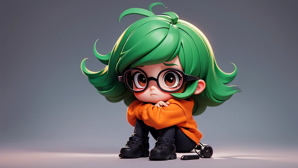 Scared Girl chibi with orange pullover, black eyes, tiny black glasses, apple green hair, Long texture crop hair.