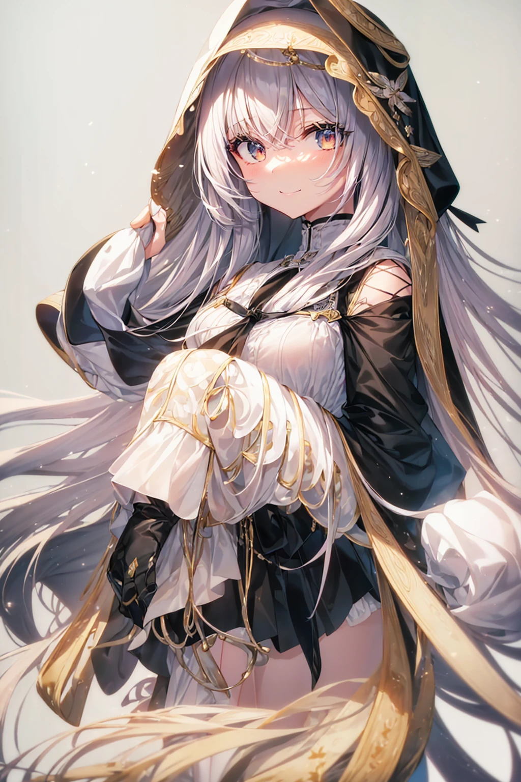 ((Highest quality)), ((masterpiece)), ((Very detailed)), (Very mature),A cute high school girl with a gentle look, white hair and about 165cm tall.,A female high school student with big breasts and a cute smile wearing a transparent black waifus with a cute patterned hood that shows off her shoulders, A gentle woman with a slightly long vertical face,Small Faced Woman,alone, Cute attitude,(background(bright),Long Hair - Straight,Knee-high socks、A transparent white veil with a cute pattern and a hood with white off-the-shoulders,White wall、Sitting、Facing the viewer、縁に模様がある壁が1面のbackground