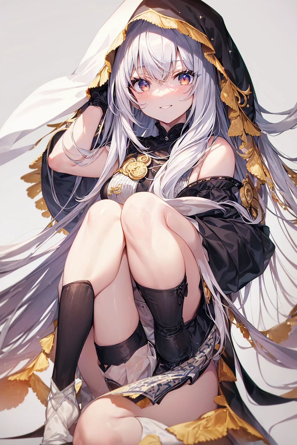 ((Highest quality)), ((masterpiece)), ((Very detailed)), (Very mature),A cute high school girl with a gentle look, white hair and about 165cm tall.,A female high school student with big breasts and a cute smile wearing a transparent black waifus with a cute patterned hood that shows off her shoulders, 顔が若干縦方向に長いbright笑顔の女性,Small Faced Woman,alone, Cute attitude,(background(bright),Long Hair - Straight,Knee-high socks、A transparent white veil with a cute pattern and a hood with white off-the-shoulders,White wall、Sitting、Facing the viewer、縁に模様がある壁が1面のbackground