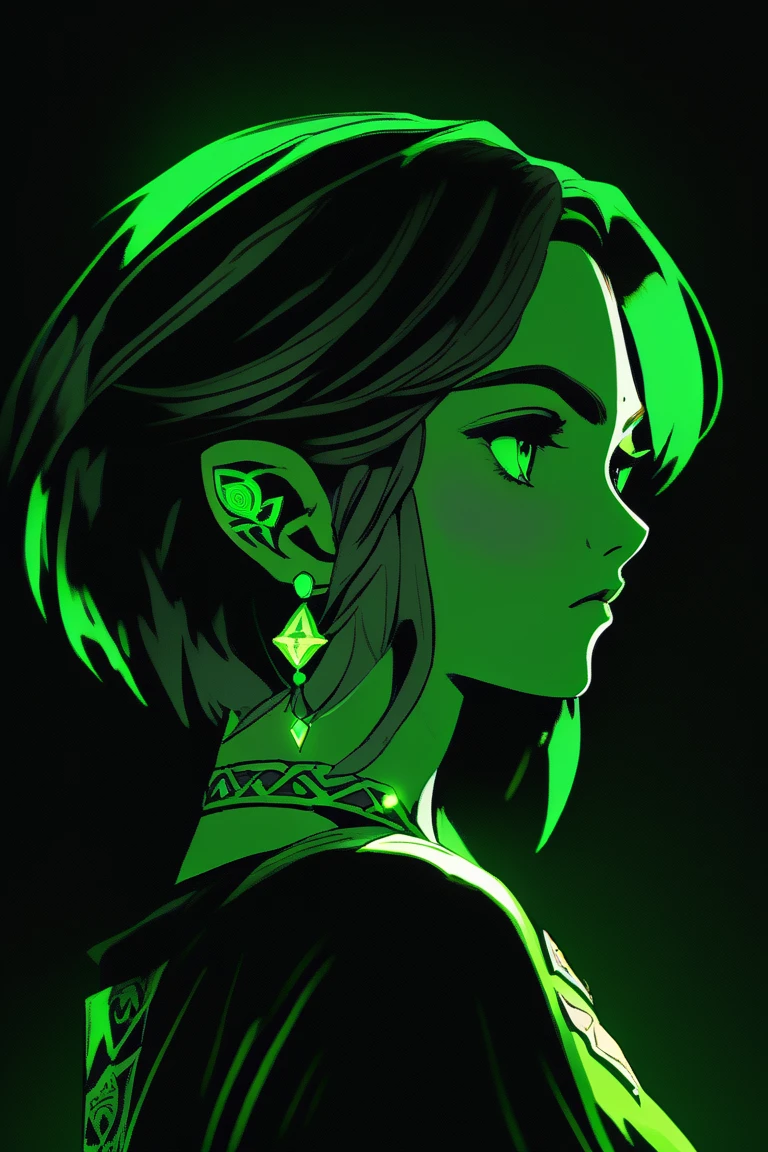 (best quality, sketch:1.2),realistic,illustrator,anime, Link the legend of zelda, detailed lips, black dress8,custom, (background dark monochrome),neon hair,textured cropping, masterpiece, style retro classic, noir dark, art, sketch book, (bob hair black:1.75 neon:1.32), dark shadows