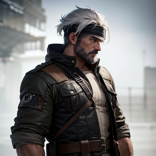 A rugged, muscular man with dark skin, white hair, and black eyes, standing 1.9 meters tall, wearing a headband on his forehead and camouflage clothing, (best quality,4k,8k,highres,masterpiece:1.2),ultra-detailed,(realistic,photorealistic,photo-realistic:1.37),male portrait,highly detailed facial features,intricate clothing textures,dramatic lighting,cinematic composition,moody atmosphere