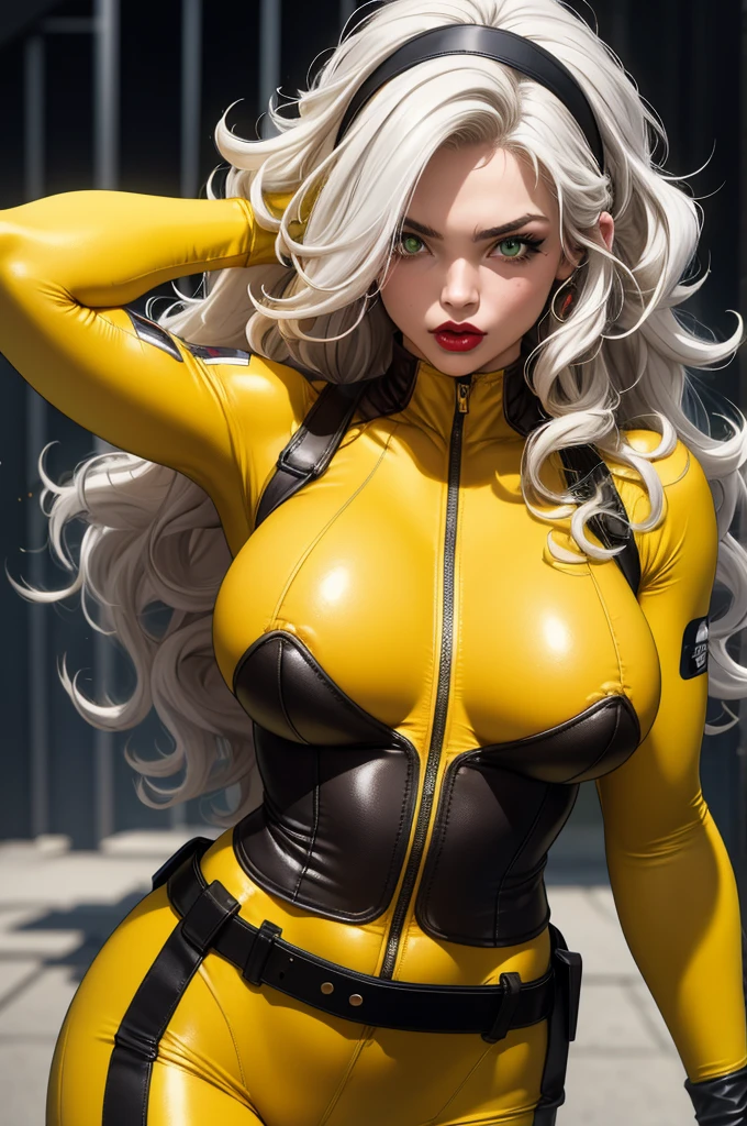 good anatomy, masterpiece, best quality, bokeh, depth of field, highres, high quality, 1girl,
CARTOON_X_MENs_Rogue,ownwaifu,
long hair,breasts,brown hair,green eyes,lipstick,makeup,lips,white hair,two-tone hair,headband,wavy hair,large breasts,messy hair,curly hair,big_hair, 
yellow bodysuit,jacket,gloves,belt,yellow gloves,green bodysuit,bodysuit,multicolored bodysuit,superhero, skin tight,multicolored clothes,  