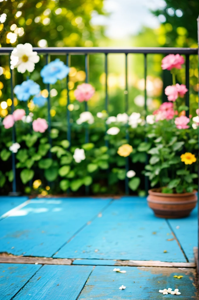 ( floor) (flowers railing ) ( bokeh blur ) Digital Background sky blue