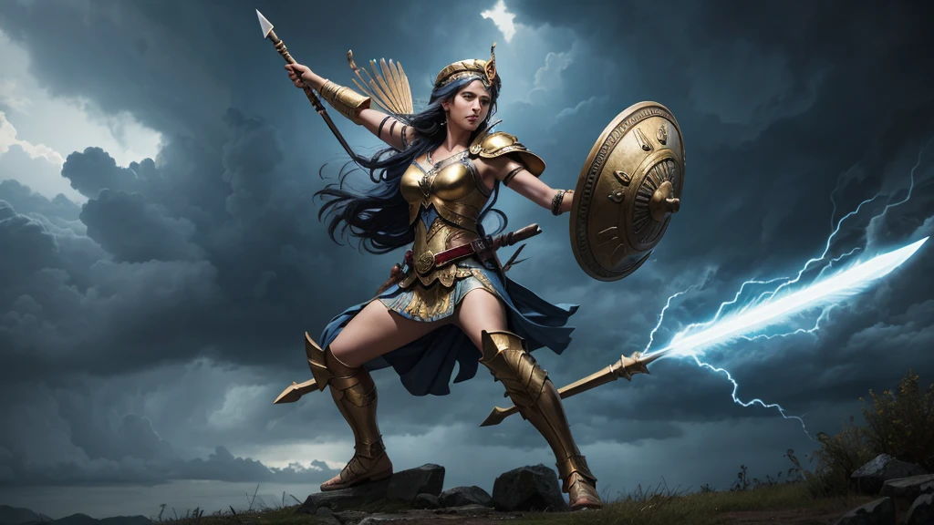 "Athena brandishing her spear and shield, fighting a mythological monster under a stormy sky."