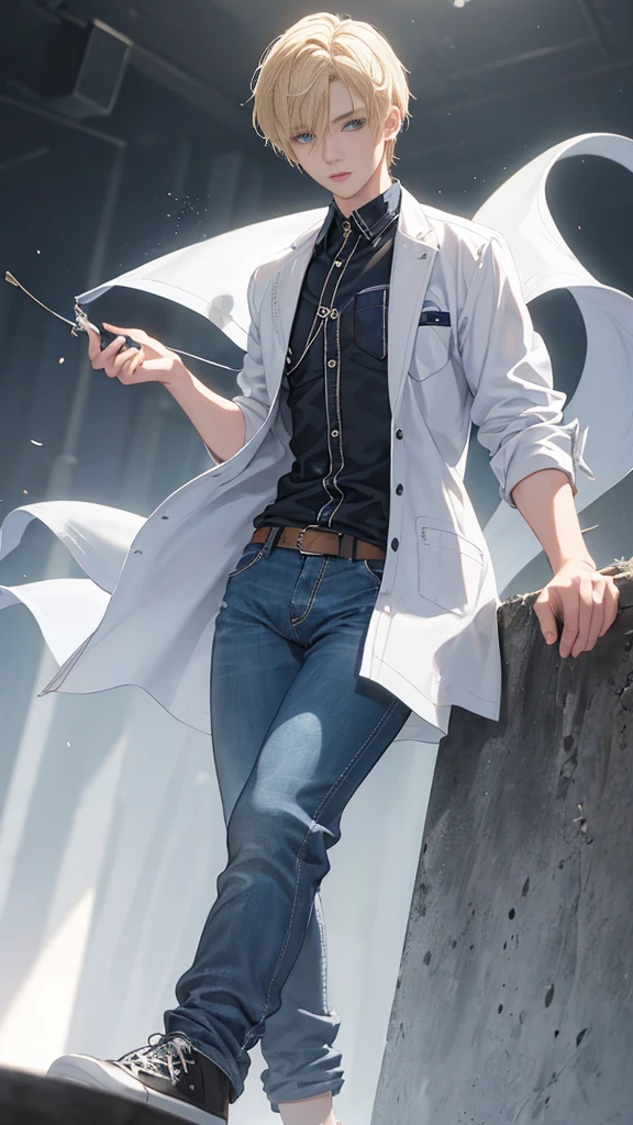 A young man, 22, blond short hair, beautiful detailed blue eyes, wearing a white checkered shirt, denim windbreaker, black jeans, sneakers, standing tall, white background, anime style, (best quality,4k,8k,highres,masterpiece:1.2),ultra-detailed,(realistic,photorealistic,photo-realistic:1.37),extremely detailed eyes and face,longeyelashes,highly detailed portrait,sharp focus,vivid colors,dynamic lighting