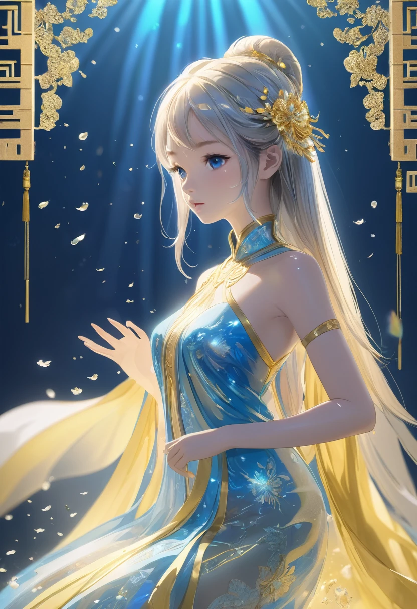 Unfolded rice paper,Open and place,Glass material,Chinese characters written in gold,transparent,, Blue, Light gold, OC Rendering, Dreamy, Combining the sense of ancient and future, 3D, Romantic Classical, Bioluminescence, A ray of light, Pale yellow, Clean background, Clear particles, Clear light and shadow, Real and virtual, Ultra-high resolution, Overall composition, Artistic and spatial sense 2