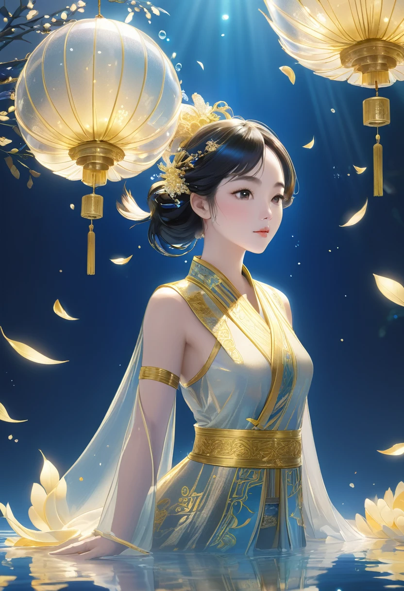 Unfolded rice paper,Open and place,Glass material,Chinese characters written in gold,transparent,, Blue, Light gold, OC Rendering, Dreamy, Combining the sense of ancient and future, 3D, Romantic Classical, Bioluminescence, A ray of light, Pale yellow, Clean background, Clear particles, Clear light and shadow, Real and virtual,  Ultra-high resolution, Overall composition, Artistic and spatial sense 2