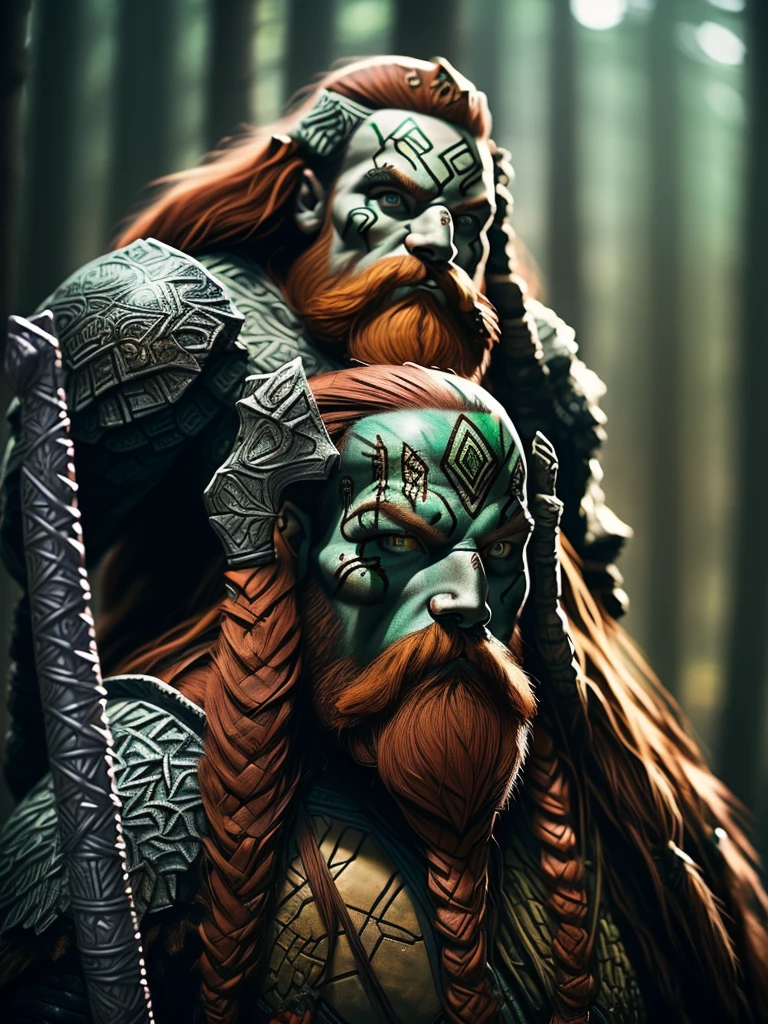 Male Mountain Dwarf, druid, Red beard, Emerald eyes, Bone piercings, black tribal face paint, wide angle, mountain background