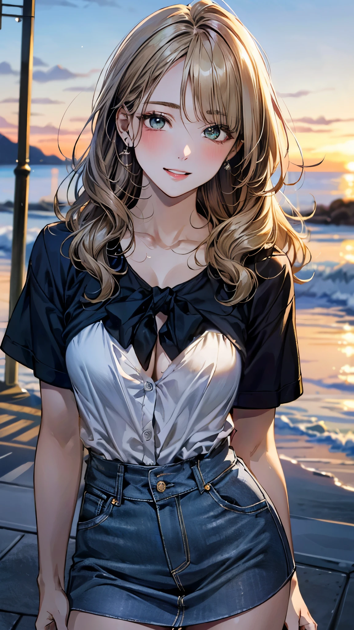 (masterpiece:1.3, top-quality, ultra high resolution, ultra detailed), (realistic, photorealistic:1.4), beautiful illustration, perfect lighting, natural lighting, depth of fields,
beautiful detailed hair, beautiful detailed face, beautiful detailed eyes, beautiful clavicle, beautiful body, beautiful chest, beautiful thigh, beautiful legs, beautiful hands,
looking at viewer, 1 girl, high school girl, (perfect anatomy, anatomically correct), cute and symmetrical face, babyface, perfect face, perfect eyes, shiny skin,
(middle hair:1.8, wavy hair, (blond hair)), asymmetrical bangs, dark green eyes, long eye lasher, (large breasts, juicy thighs, attractive thighs),
(blue gray hoodle, black denim skirt),
(beautiful scenery), evening, (outdoors), standing, (lovely smile, upper eyes, parted lips),
