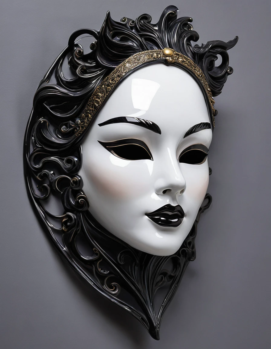 An exquisitely detailed porcelain mask of a beautiful feminine face on a black background, with a mysterious and enchanting twist. Shiny, dark tendrils of shadow emerge from behind the mask, giving it an ethereal and otherworldly appearance. The realistic shading, reminiscent of Norman Rockwell's style, gives the mask a three-dimensional effect and a subtle backlight. The overall atmosphere is both captivating and slightly eerie, drawing the viewer into the mysterious world of the enchanted mask.