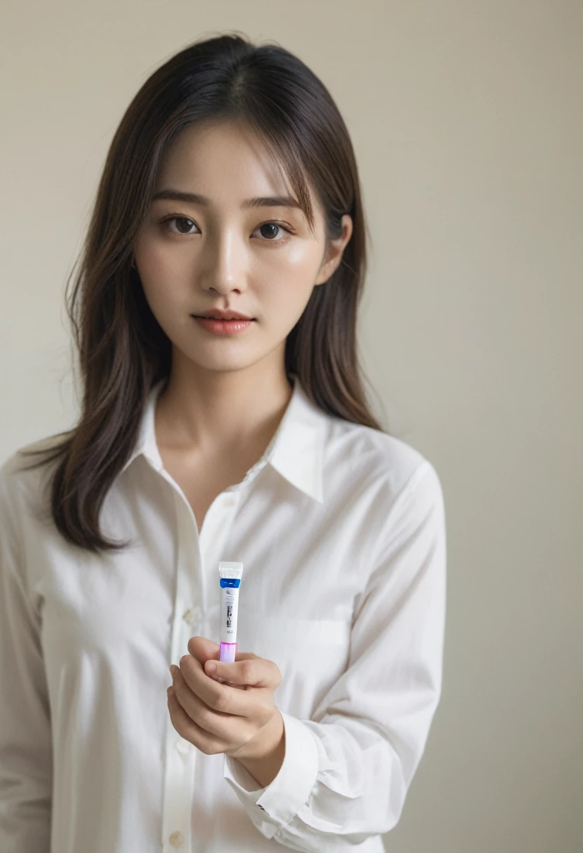 A faceless Korean girl is holding a positive pregnancy test towards the camera. The pregnancy test, with two clear lines indicating a positive result, is the focal point of the image. The girl is wearing a moderately low-cut shirt, showing a bit of her collarbone and upper chest. Her hands are framing the pregnancy test, directing all attention towards the result. The background is simple and without distractions, ensuring the focus remains on the pregnancy test and the visible part of the girl.