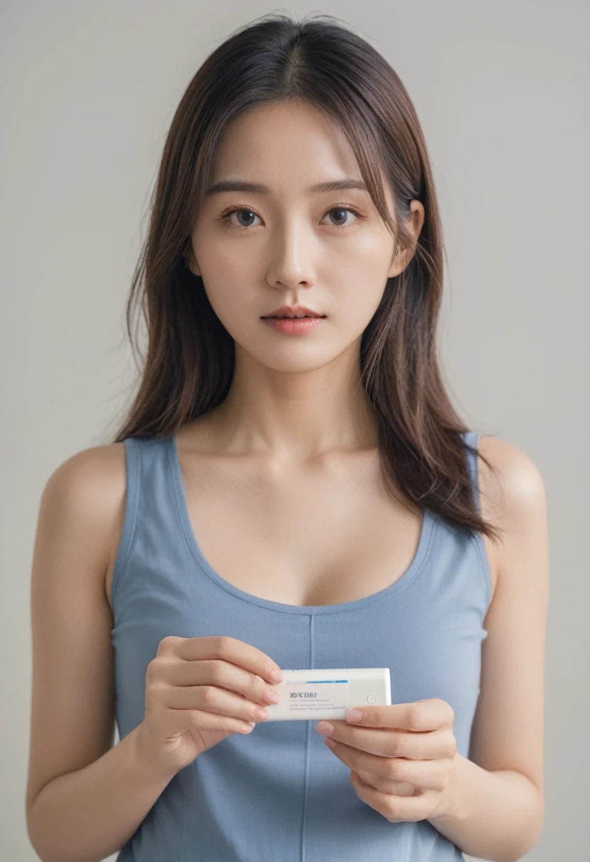A faceless Korean girl is holding a positive pregnancy test towards the camera. The pregnancy test, with two clear lines indicating a positive result, is the focal point of the image. The girl is wearing a moderately low-cut shirt, showing a bit of her collarbone and upper chest. Her hands are framing the pregnancy test, directing all attention towards the result. The background is simple and without distractions, ensuring the focus remains on the pregnancy test and the visible part of the girl.
