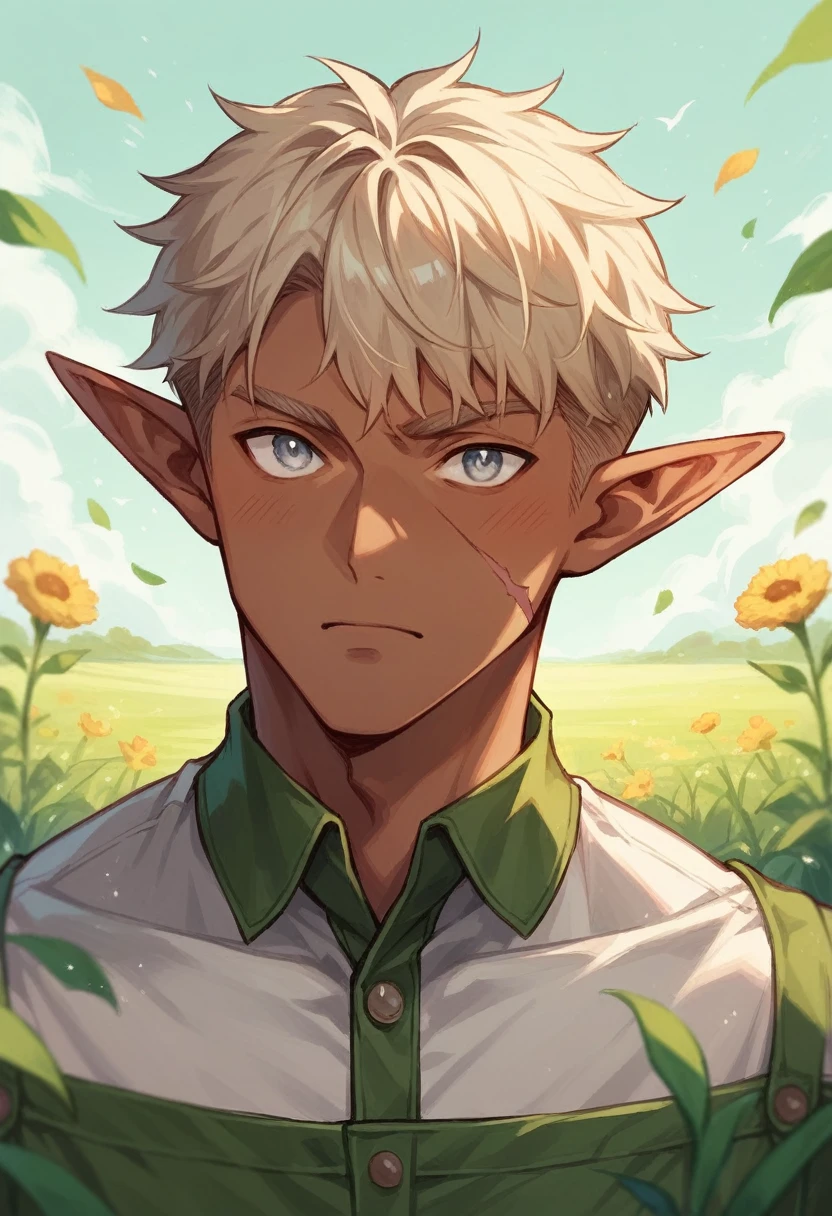 Dark skin anime man, silver-colored eyes, with a scar in left cheek, elf ears, short blonde hair, wearing common farmer tattered clothes, in a field