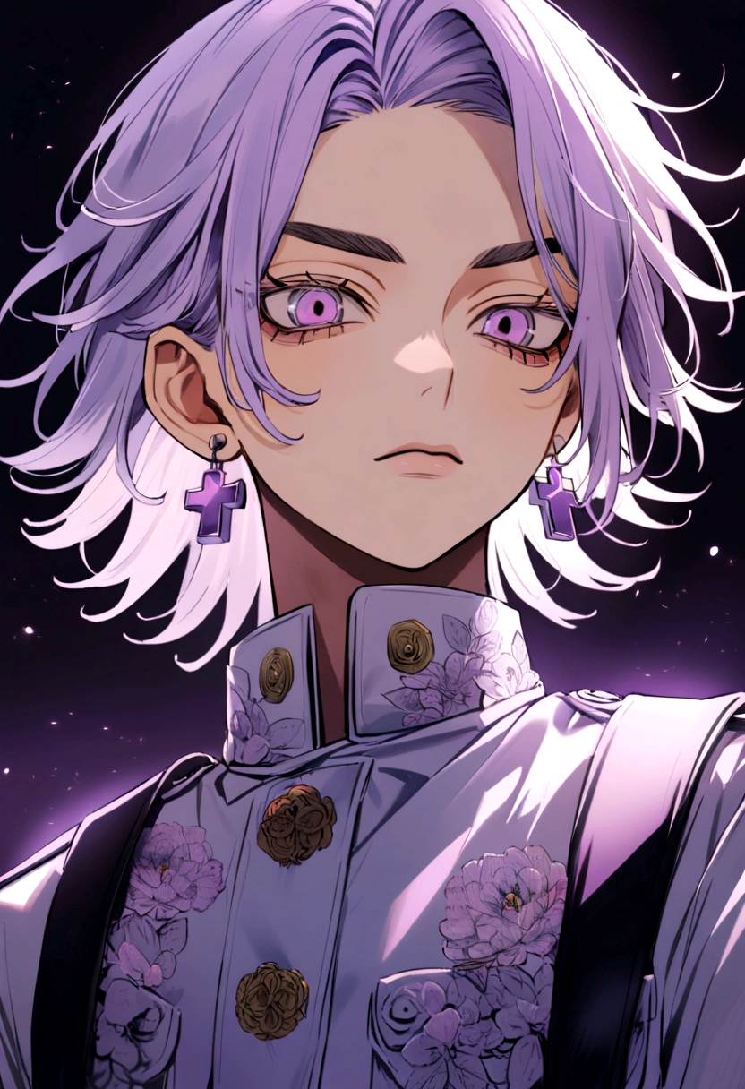 1. Chico Takashi Mitsuura, tokyo revengers, Hair color (light lilac)short, lavender eye color, a small cross earring in the left ear, tokyo revengers the nickname twin dragon