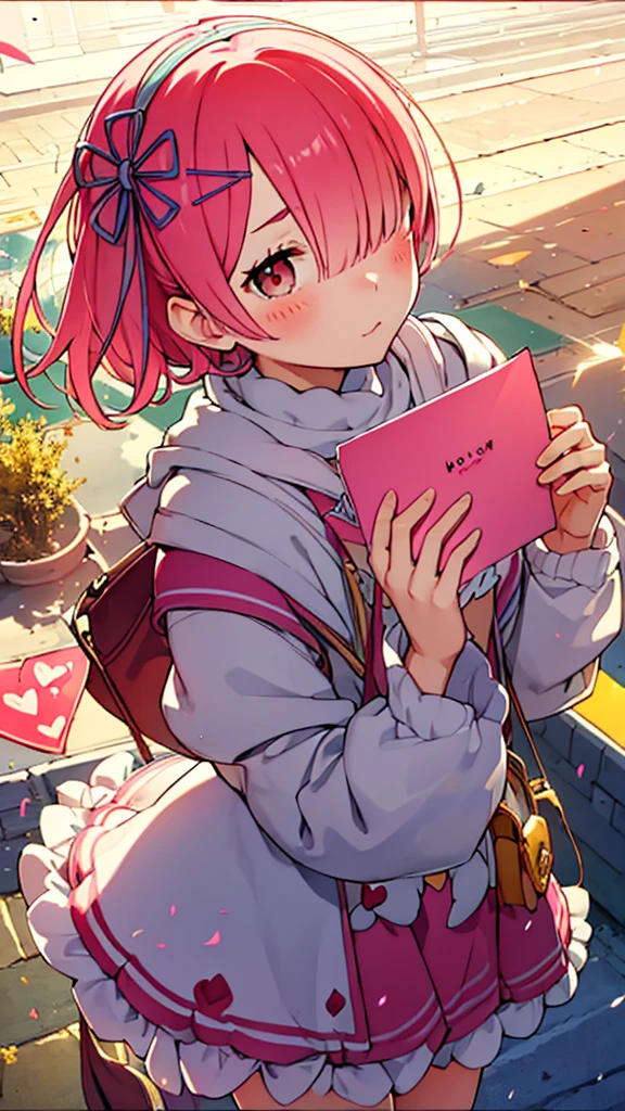 Handing the viewer a love letter with a little blush on her cheeks 