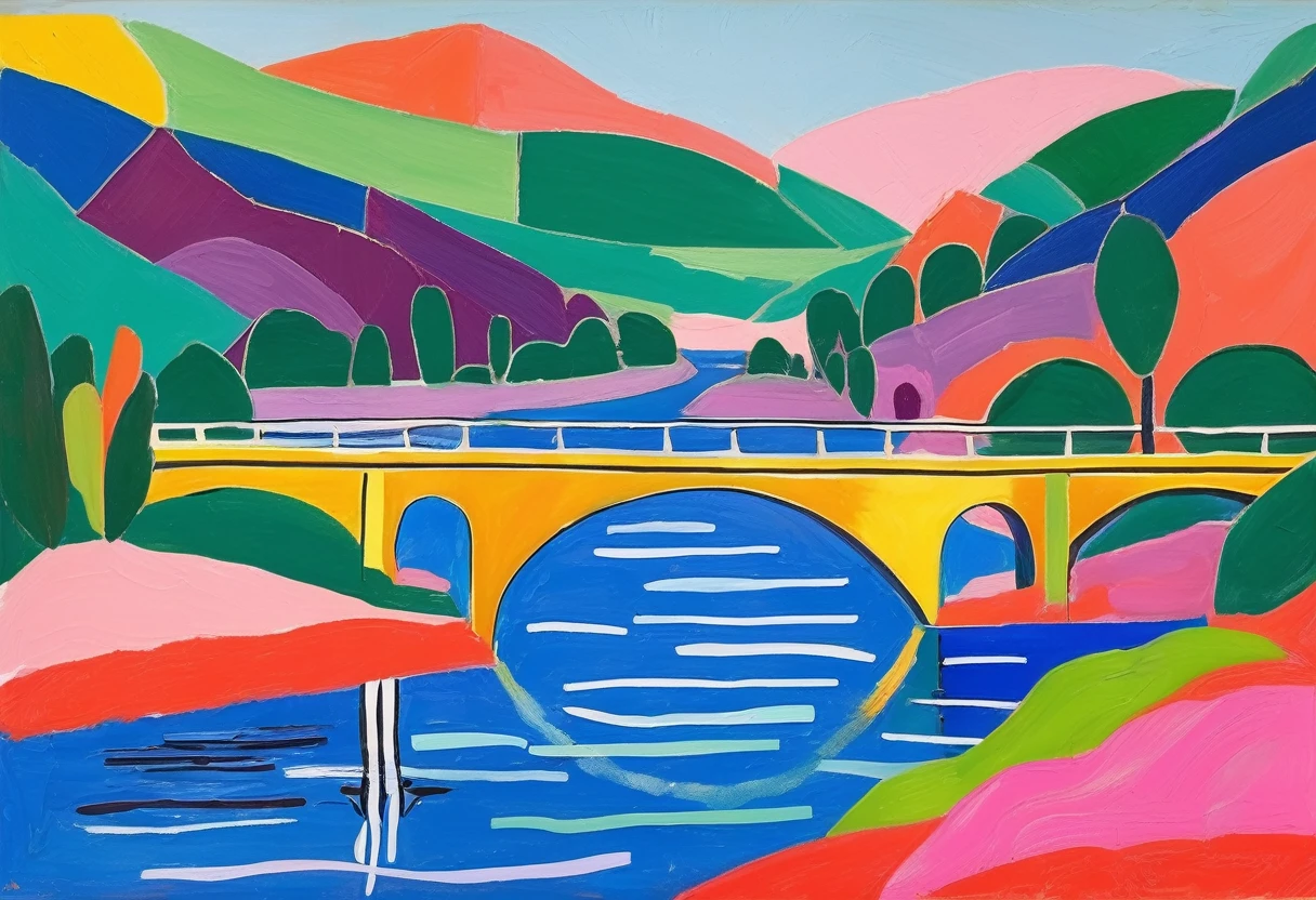 fauvism abstract painting; a bridge over a river painted by Henry Matisse; simple design; minimalist;