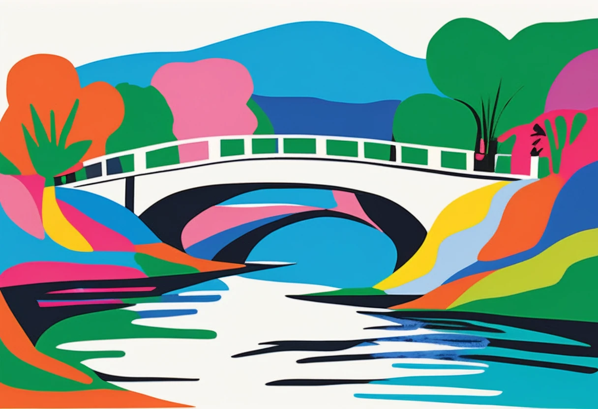 fauvism abstract painting; a bridge over a river painted by Henry Matisse; simple design; minimalist;