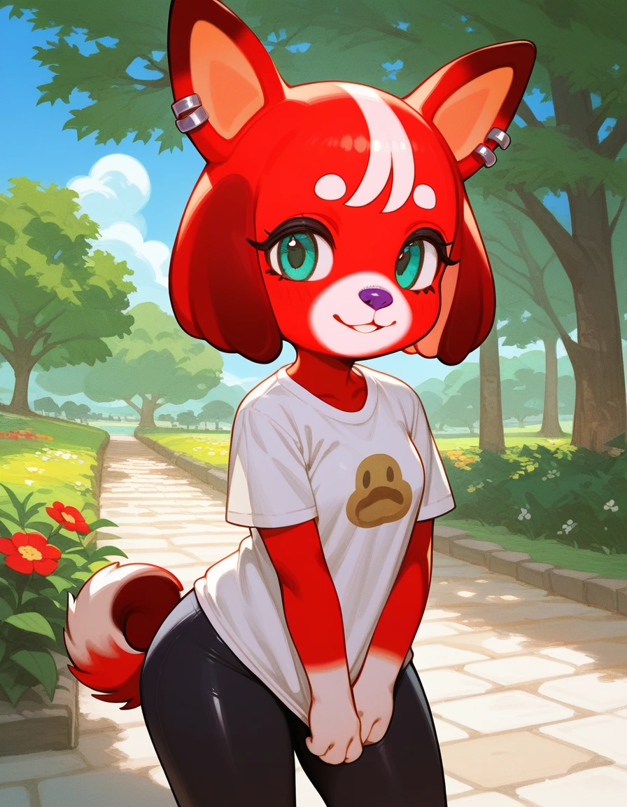 Solo, score_9,score_8_up,score_7_up, zPDXL,cherry (animal crossing), purple nose, red fur, teal eyes, furry female, dog girl, ear piercing, webbed shirt, black leggings, looking at viewer, smiling, upper body shot, standing, outside, stone path, trees, flowers, blue sky,