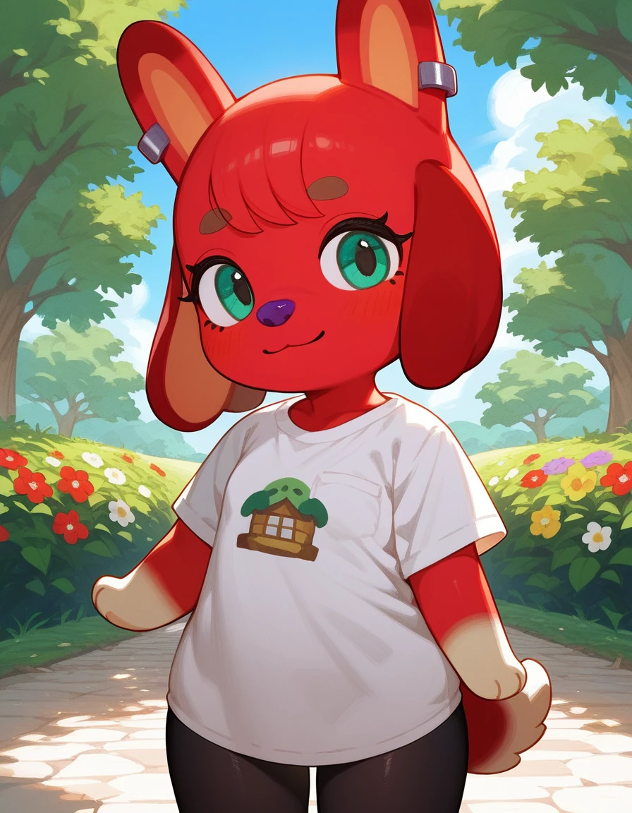 Solo, score_9,score_8_up,score_7_up, zPDXL,cherry (animal crossing), purple nose, red fur, teal eyes, furry female, dog girl, ear piercing, webbed shirt, black leggings, looking at viewer, smiling, upper body shot, standing, outside, stone path, trees, flowers, blue sky,