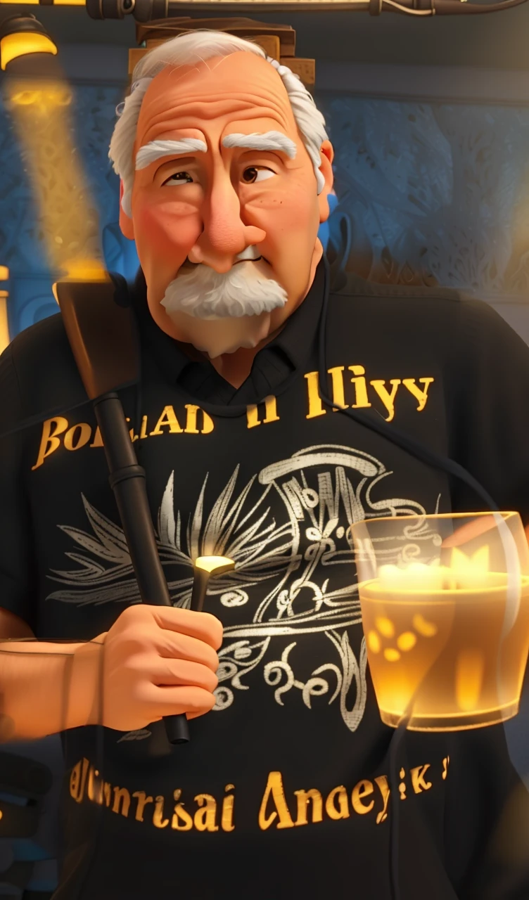 A wise old man standing in front, illuminated by the light of a lamp, against the backdrop of a library