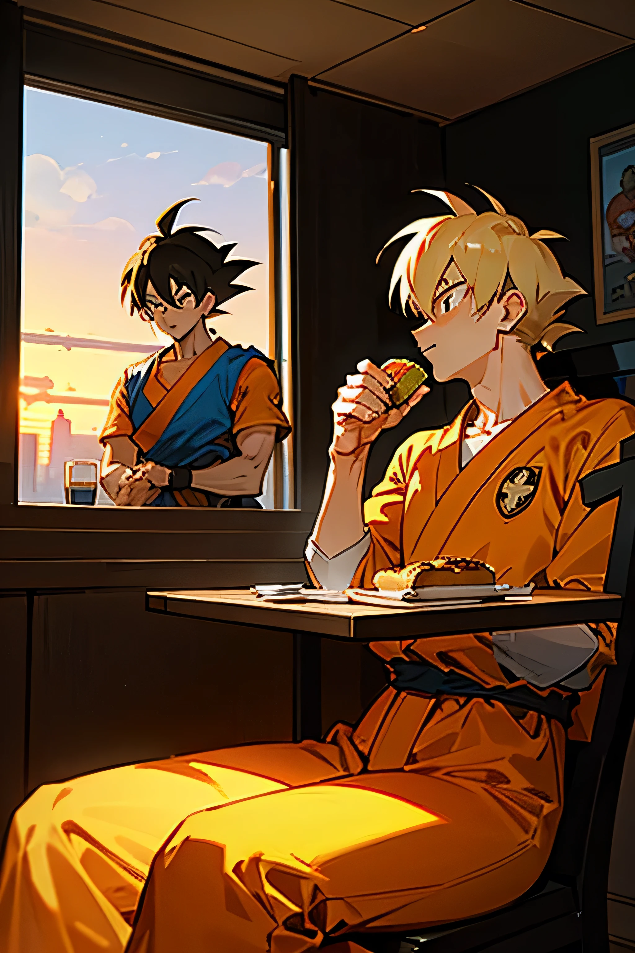 Saitama and goku are chilling together and drinking tea and goku eating burger. And they sat  on chair and watching sun set