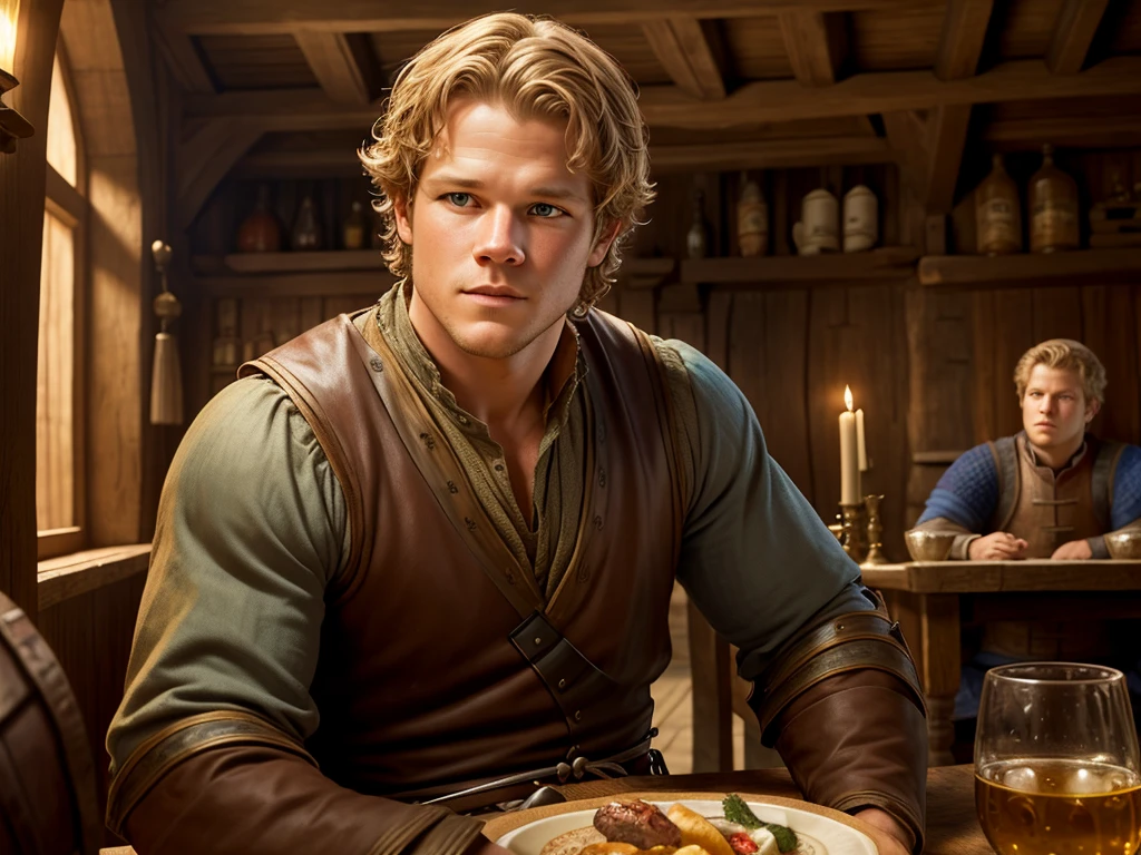 Christopher Egan as a handsome medieval knight sits at a table in a tavern, in front of him is a fat, obsequious innkeeper