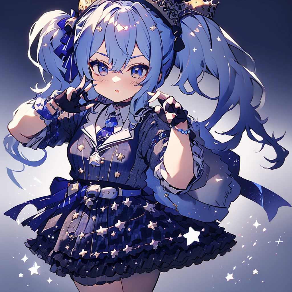 SuiseiBase, plaid beret, crown, blue star choker, star earrings, blue ascot, plaid jacket, plaid skirt, layered skirt, partially fingerless gloves, star bracelet, uneven legwear, thigh strap