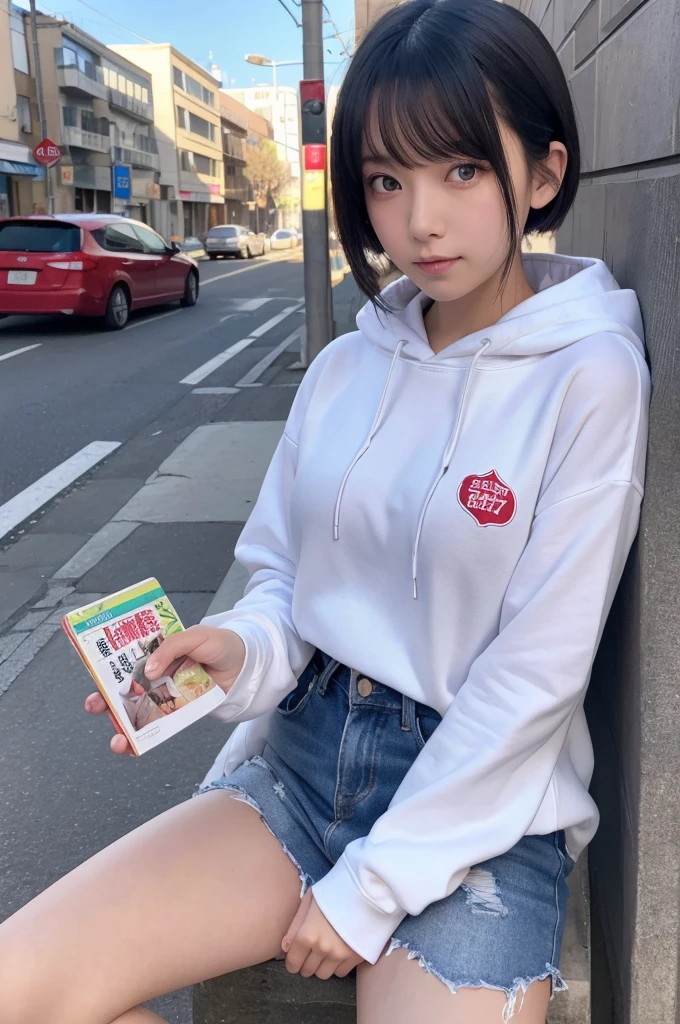 Unbelievably absurd, (Very detailed: 1.3), 8K, (masterpiece), (Highest quality: 1.4), (Ultra-high resolution: 1.2), (RAW Photos: 1.2), Very detailed背景, (ユニティ 8K 壁紙), Nogizaka Anime Girls, White Short Hair, Purple eyes, hoodie, computer, streamer, virtual, Street Style、Nipples are visible, No clothes、Sitting and spreading your crotch