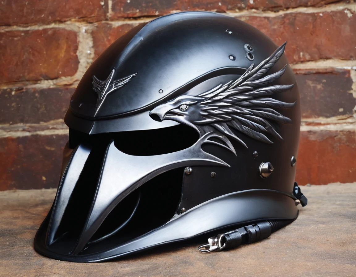 crow head metal helmet, logo, sci fi