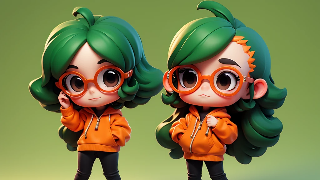 afraid Girl chibi with orange pullover, black eyes, tiny black glasses, apple green hair, Long texture crop hair.