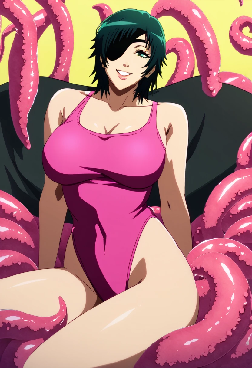 mature female, mature, Adult,((Himeno_CSM)), Himeno(Chainsaw Man), Eye patch, One Girl, solo, Grin, Villain, bad woman, chest, Black Hair, View your audience, short hair, Smile, A woman sits on a group of smooth tentacles，Tentacle Background，Pink leotard，warm feeling，masterpiece，Top animation quality，Top image quality，cinematic feeling