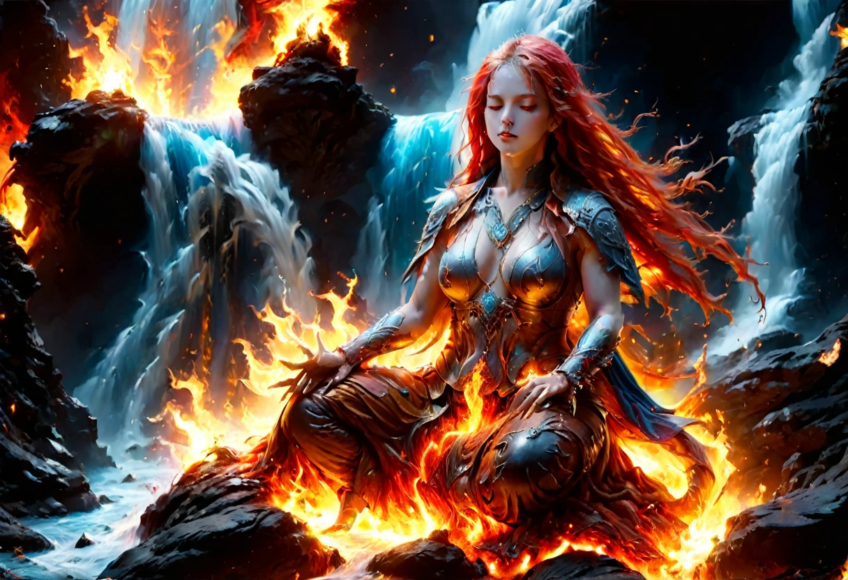 a picture of a (female monk: 1.2) sitting and meditating near a waterfall, at the base of the waterfall,  there is a human woman monk wearing monk garbs, meditating near a bonfire near an (epic sized waterfall: 1.3), red hair, long hair, full body (best details, Masterpiece, best quality :1.5), ultra detailed face (best details, Masterpiece, best quality :1.5), ultra feminine (best details, Masterpiece, best quality :1.5), exquisite beautiful (best details, Masterpiece, best quality :1.5) red hair, long hair, wavy hair, pale skin, blue eyes, intense eyes, water coming down from a volcanic cliff, multi level water falls, several pools created in different levels, forming new waterfalls, water cascading into a (large lava pool: 1.3) steam rising, clear water in many hues of blue and azure, fantasy art, photorealistic, D&D art, ultra best realistic, best details, best quality, 16k, [ultra detailed], masterpiece, best quality, (extremely detailed), ultra wide shot, photorealism, depth of field, hyper realistic painting, faize, perfecteyes, drkfntasy