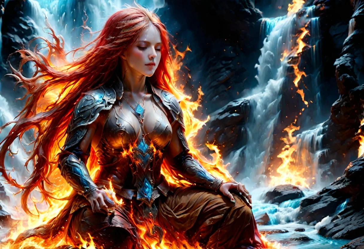 a picture of a (female monk: 1.2) sitting and meditating near a waterfall, at the base of the waterfall,  there is a human woman monk wearing monk garbs, meditating near a bonfire near an (epic sized waterfall: 1.3), red hair, long hair, full body (best details, Masterpiece, best quality :1.5), ultra detailed face (best details, Masterpiece, best quality :1.5), ultra feminine (best details, Masterpiece, best quality :1.5), exquisite beautiful (best details, Masterpiece, best quality :1.5) red hair, long hair, wavy hair, pale skin, blue eyes, intense eyes, water coming down from a volcanic cliff, multi level water falls, several pools created in different levels, forming new waterfalls, water cascading into a (large lava pool: 1.3) steam rising, clear water in many hues of blue and azure, fantasy art, photorealistic, D&D art, ultra best realistic, best details, best quality, 16k, [ultra detailed], masterpiece, best quality, (extremely detailed), ultra wide shot, photorealism, depth of field, hyper realistic painting, faize, perfecteyes, drkfntasy