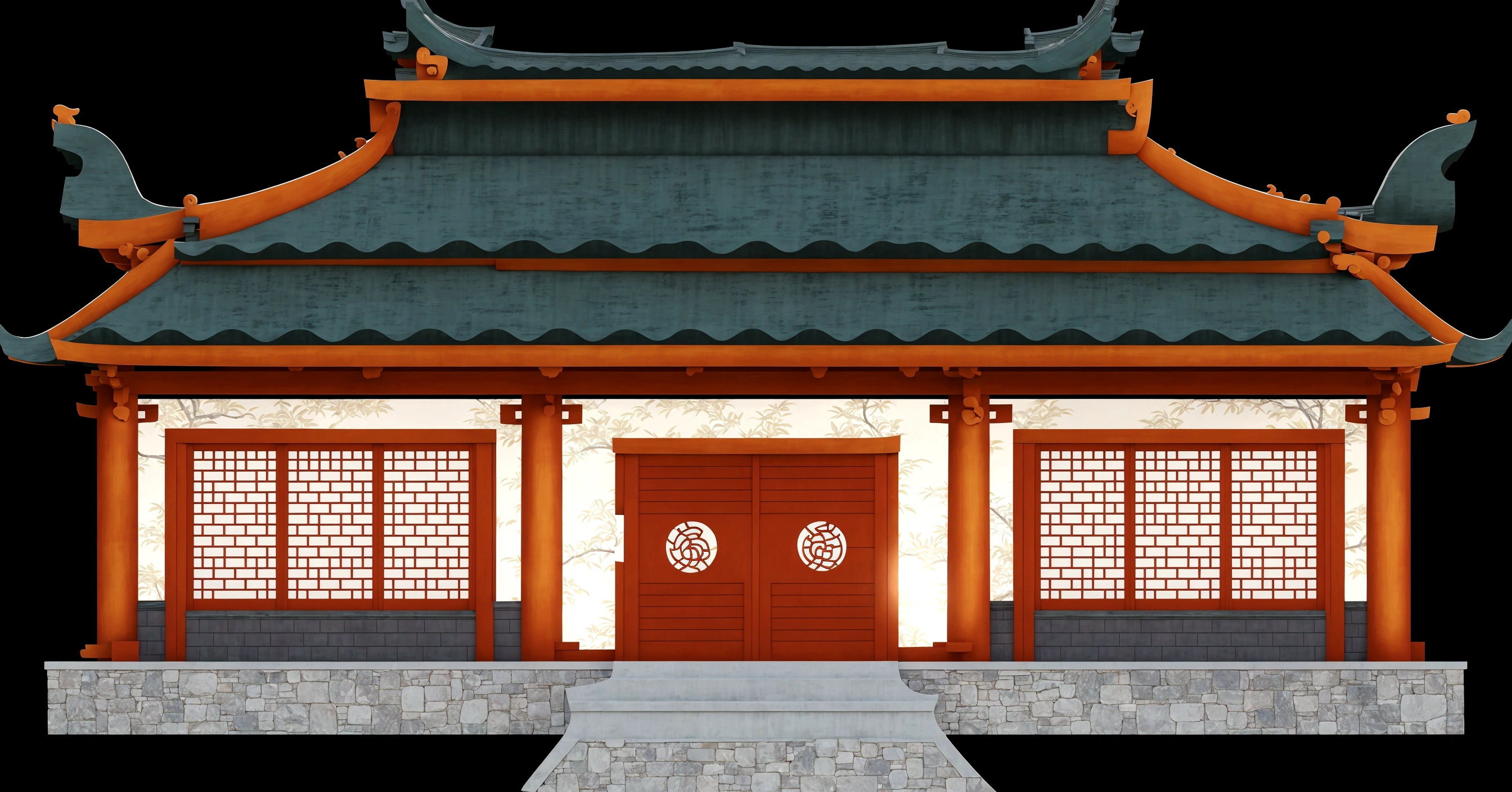 there is a small building with a red door and a green roof, zen temple background, temple background, background depicting a temple, digital painting of a pagoda, japanese temple, japanese house, chinese building, korean traditional palace, ancient japanese architecture, house background, cyberpunk japanese temple, chinese temple, with a chinese temple, shinto shrine, japanese shrine, japanese style painting