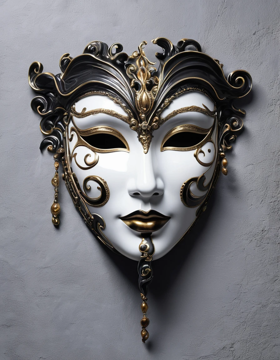 An exquisitely detailed porcelain mask of a beautiful feminine face on a black background, with a mysterious and enchanting twist. Shiny, dark tendrils of shadow emerge from behind the mask, giving it an ethereal and otherworldly appearance. The realistic shading, reminiscent of Norman Rockwell's style, gives the mask a three-dimensional effect and a subtle backlight. The overall atmosphere is both captivating and slightly eerie, drawing the viewer into the mysterious world of the enchanted mask.