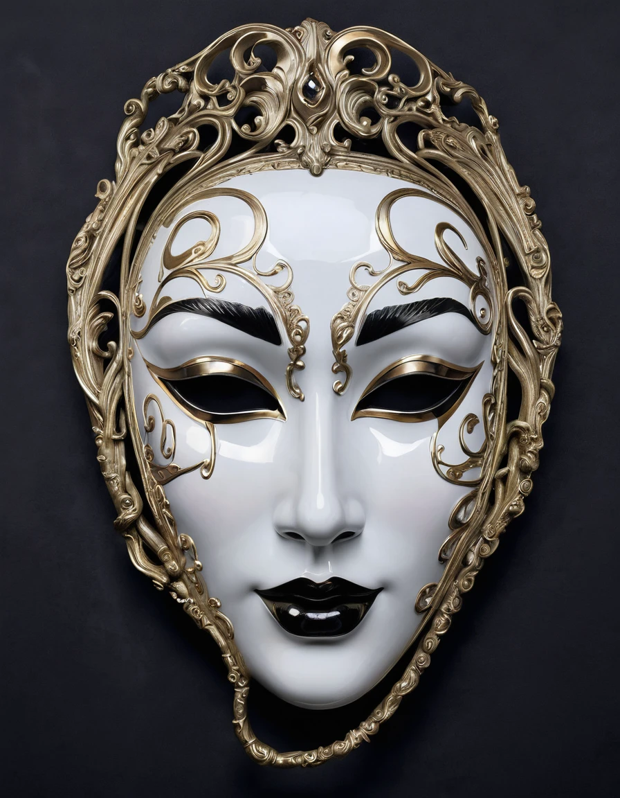 An exquisitely detailed porcelain mask of a beautiful feminine face on a black background, with a mysterious and enchanting twist. Shiny, dark tendrils of shadow emerge from behind the mask, giving it an ethereal and otherworldly appearance. The realistic shading, reminiscent of Norman Rockwell's style, gives the mask a three-dimensional effect and a subtle backlight. The overall atmosphere is both captivating and slightly eerie, drawing the viewer into the mysterious world of the enchanted mask.