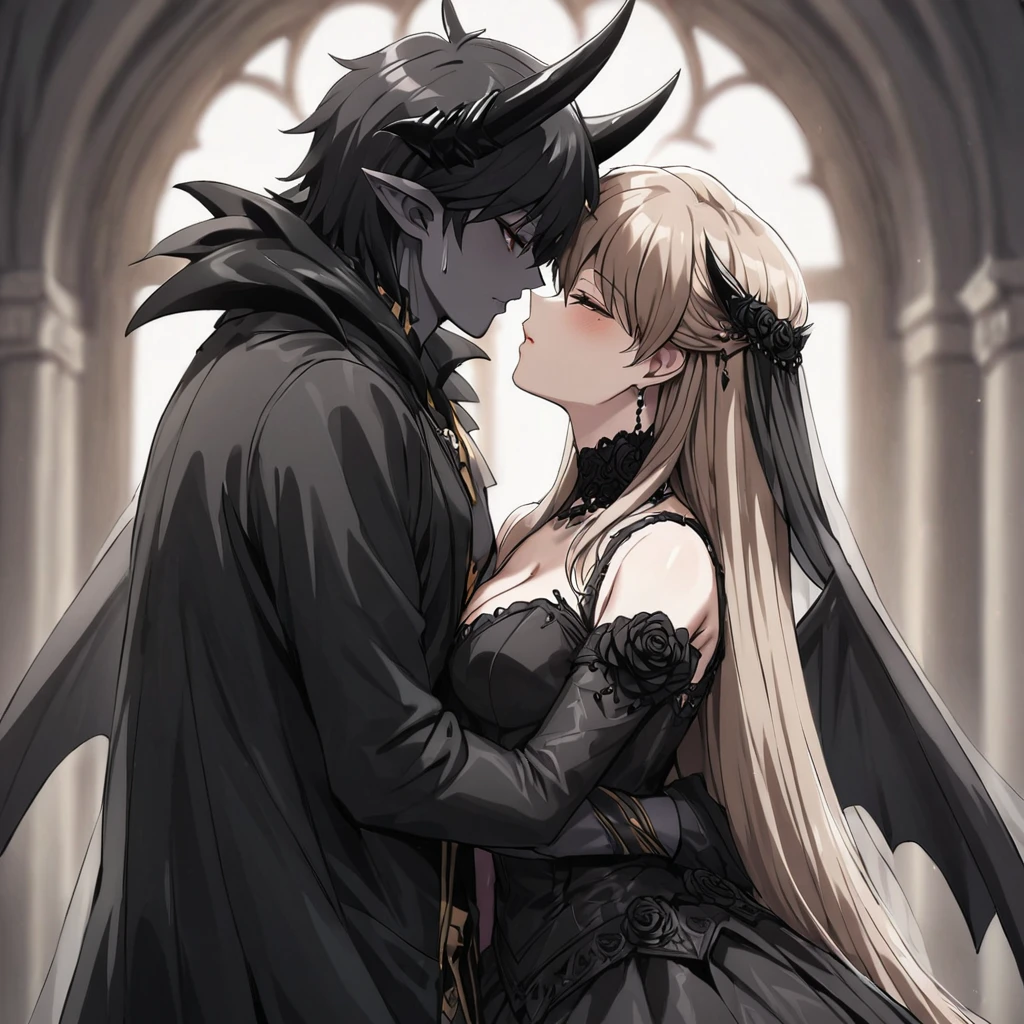 ((Highest quality)), ((masterpiece)), (detailed), （Perfect Face）、The woman is a sexy devil with jet black skin、The woman is a jet-black female demon with magnificent devil horns, jet-black devil wings, and a jet-black tail. Her skin is jet-black, and she is wearing a luxurious black Gothic Victorian wedding dress and a black wedding veil. She is embracing the dignified and powerful Great Demon King, kissing him in vows, and is getting married to him while he loves her whole body. She is the jet-black demon Princess Leona, with medium-long light brown hair, a demon in both body and mind, and has the expression of a maiden in love.、The man is a dignified and powerful demon king, and they embrace the woman, kiss each other as they hold a wedding ceremony, loving and adoring each other.