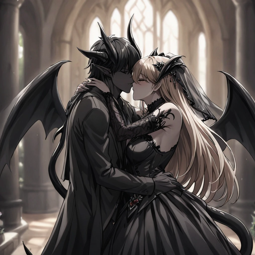 ((Highest quality)), ((masterpiece)), (detailed), （Perfect Face）、The woman is a sexy devil with jet black skin、The woman is a jet-black female demon with magnificent devil horns, jet-black devil wings, and a jet-black tail. Her skin is jet-black, and she is wearing a luxurious black Gothic Victorian wedding dress and a black wedding veil. She is embracing the dignified and powerful Great Demon King, kissing him in vows, and is getting married to him while he loves her whole body. She is the jet-black demon Princess Leona, with medium-long light brown hair, a demon in both body and mind, and has the expression of a maiden in love.、The man is a dignified and powerful demon king, and they embrace the woman, kiss each other as they hold a wedding ceremony, loving and adoring each other.